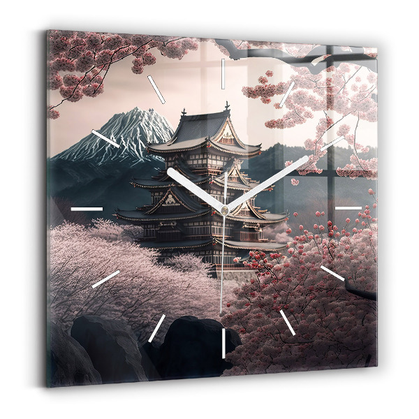 Square glass wall clock Tower and flowers in Asia