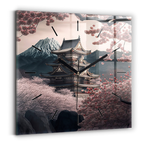Square glass wall clock Tower and flowers in Asia