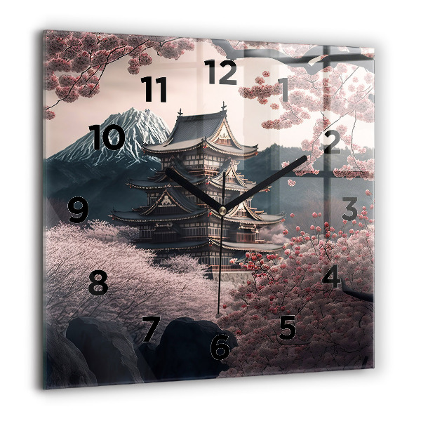 Square glass wall clock Tower and flowers in Asia