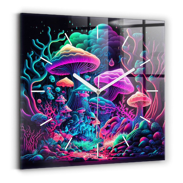 Square glass wall clock Neon mushrooms
