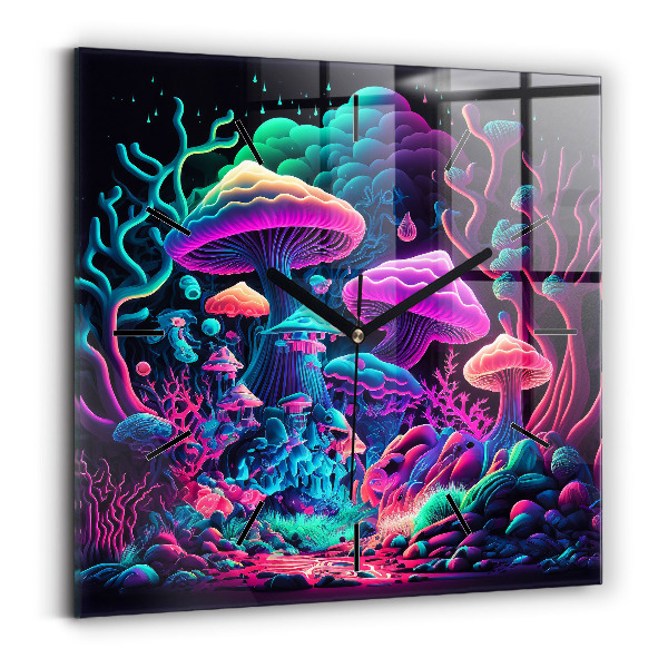 Square glass wall clock Neon mushrooms