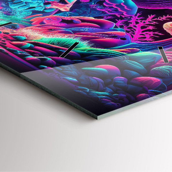 Square glass wall clock Neon mushrooms