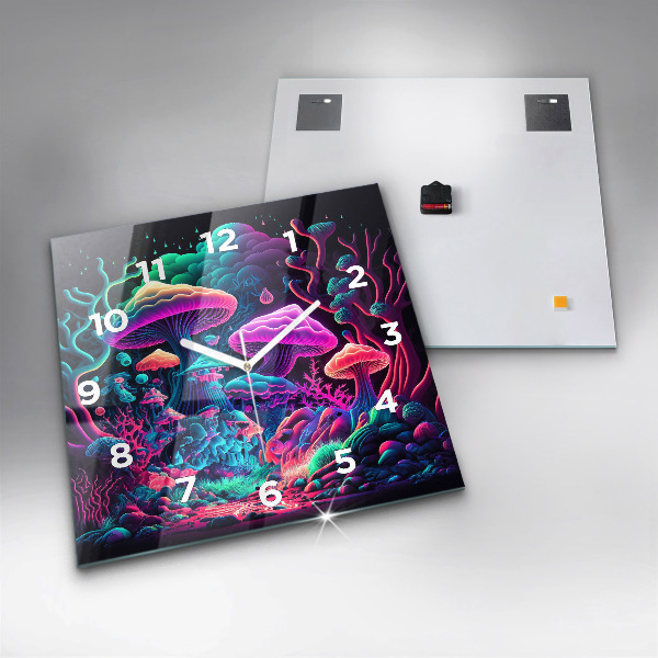 Square glass wall clock Neon mushrooms