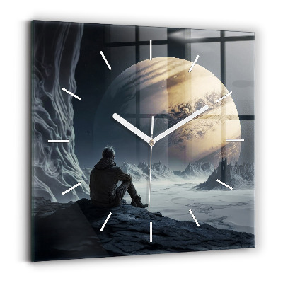 Square glass wall clock Man in front of the moon