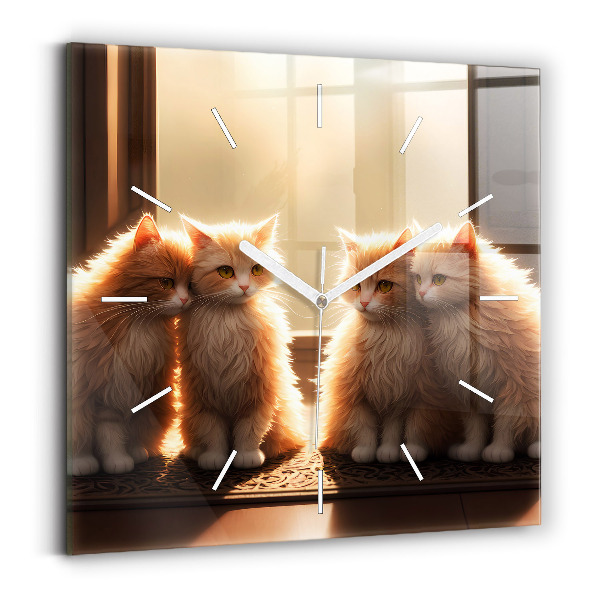 Square glass wall clock Four Kittens in the Sun