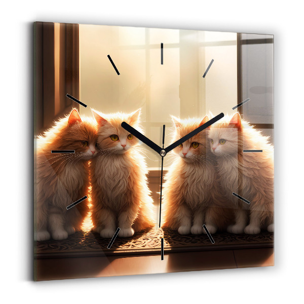 Square glass wall clock Four Kittens in the Sun