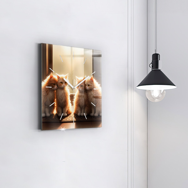 Square glass wall clock Four Kittens in the Sun