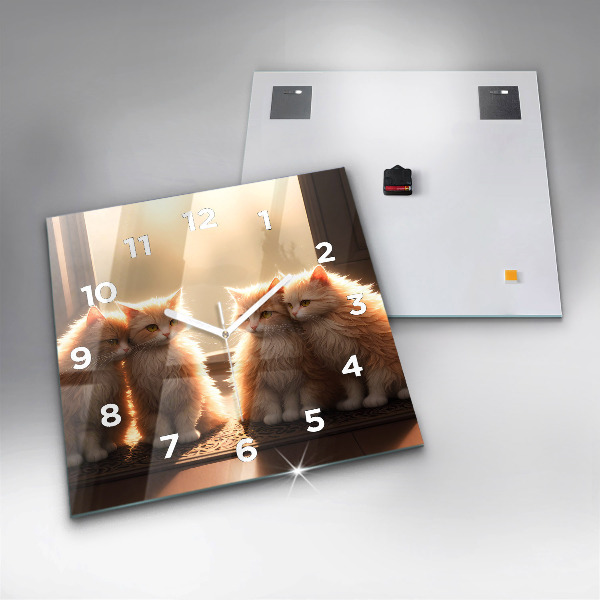 Square glass wall clock Four Kittens in the Sun