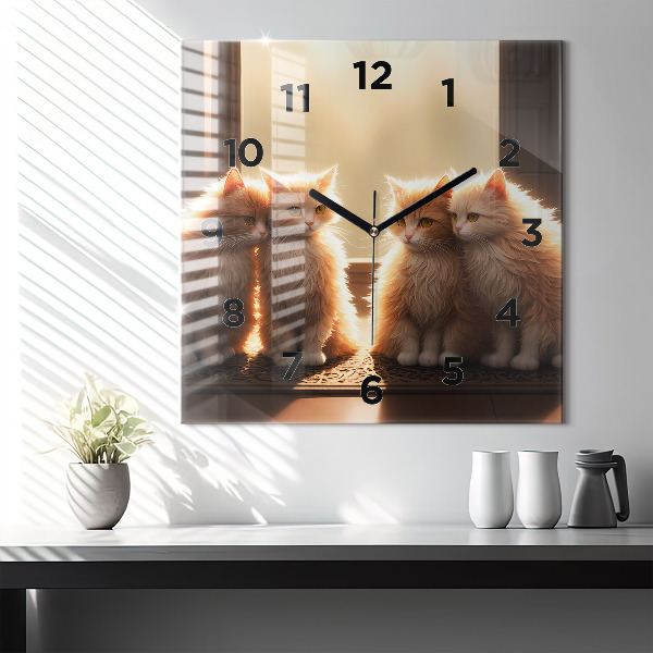 Square glass wall clock Four Kittens in the Sun