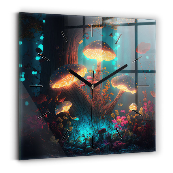 Square glass wall clock Forest and magic mushrooms
