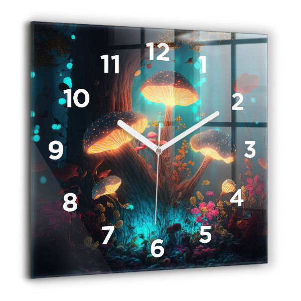 Square glass wall clock Forest and magic mushrooms