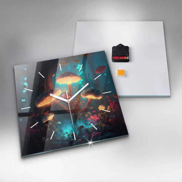 Square glass wall clock Forest and magic mushrooms