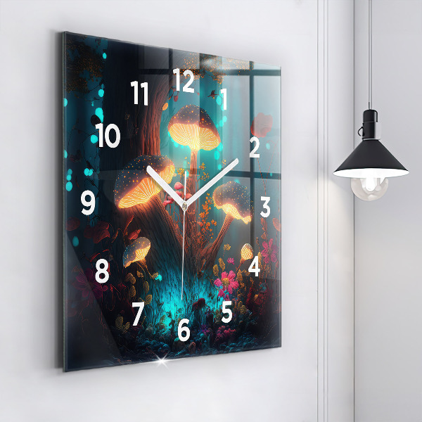 Square glass wall clock Forest and magic mushrooms
