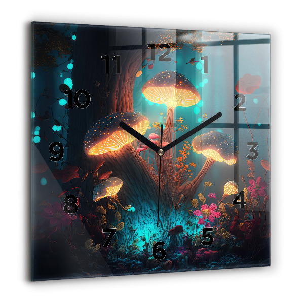 Square glass wall clock Forest and magic mushrooms