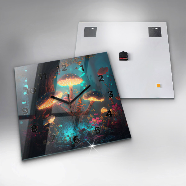 Square glass wall clock Forest and magic mushrooms