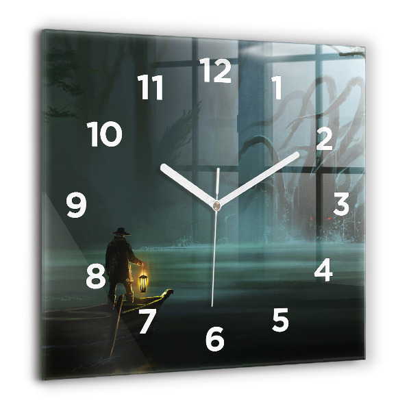 Square glass wall clock Man and Monster in the Swamp