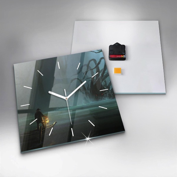 Square glass wall clock Man and Monster in the Swamp