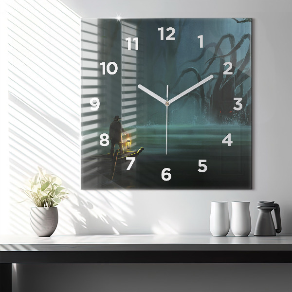 Square glass wall clock Man and Monster in the Swamp