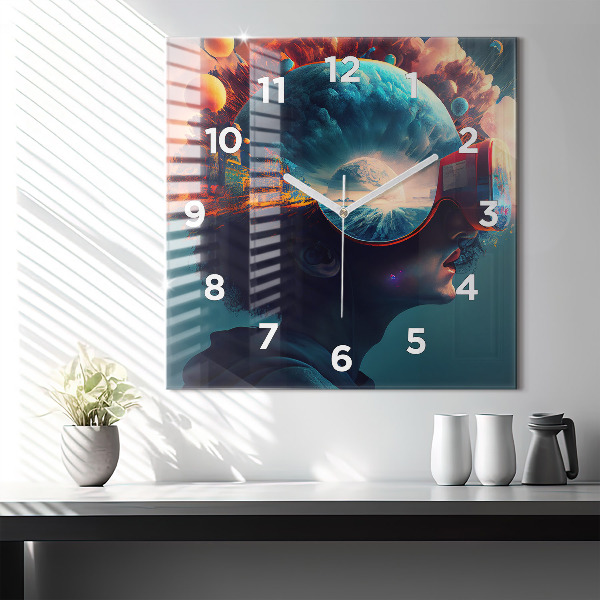Square glass wall clock Futuristic world