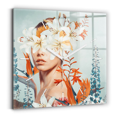 Square glass wall clock Woman with flowers