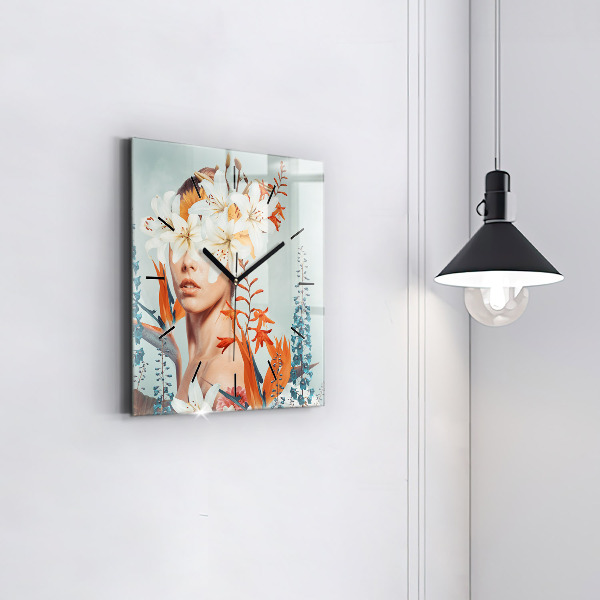 Square glass wall clock Woman with flowers