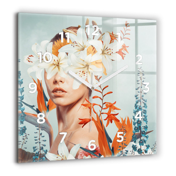 Square glass wall clock Woman with flowers
