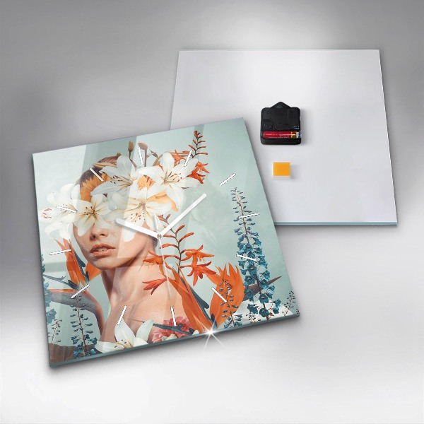 Square glass wall clock Woman with flowers