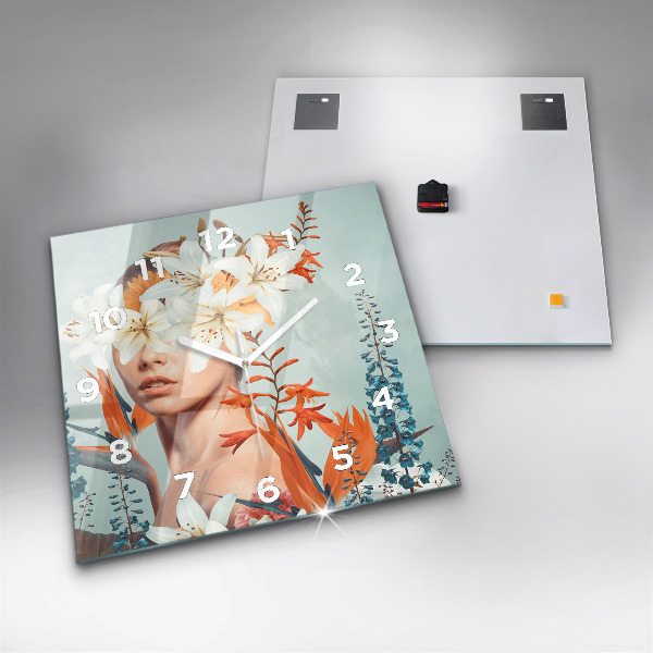 Square glass wall clock Woman with flowers