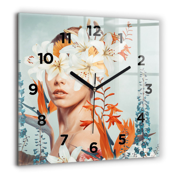 Square glass wall clock Woman with flowers