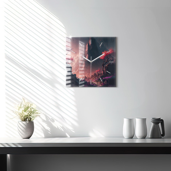 Square glass wall clock Magical forest and mountains