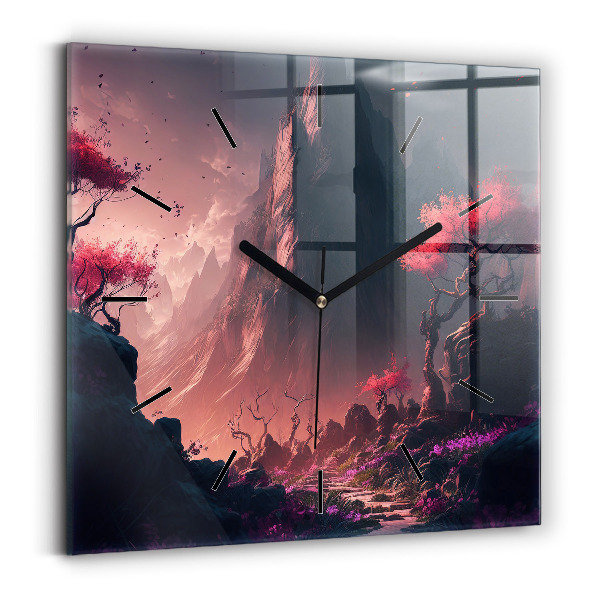 Square glass wall clock Magical forest and mountains