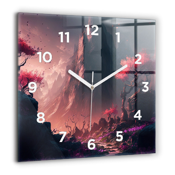Square glass wall clock Magical forest and mountains