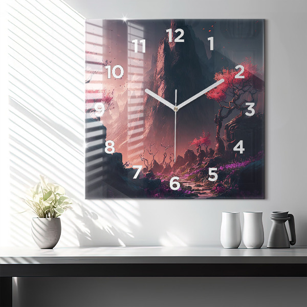 Square glass wall clock Magical forest and mountains