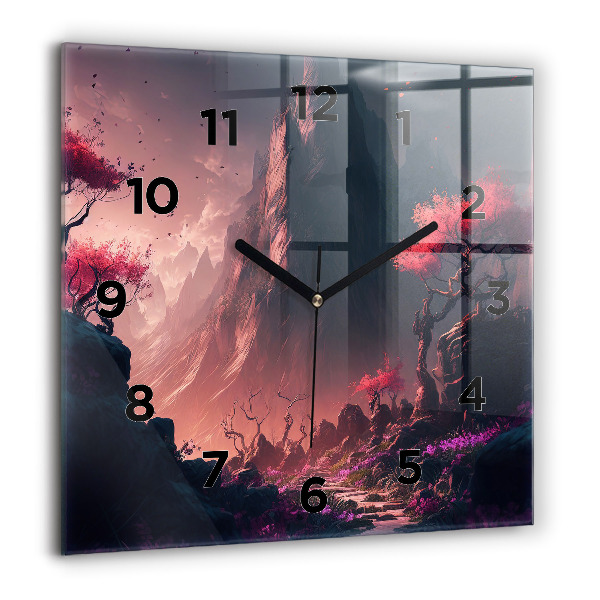 Square glass wall clock Magical forest and mountains