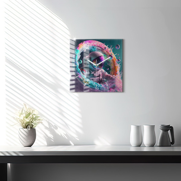 Square glass wall clock Cosmonaut and colorful clouds