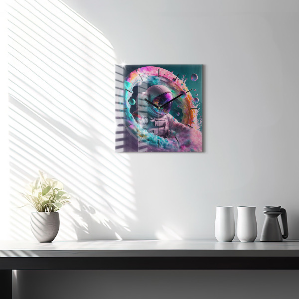 Square glass wall clock Cosmonaut and colorful clouds