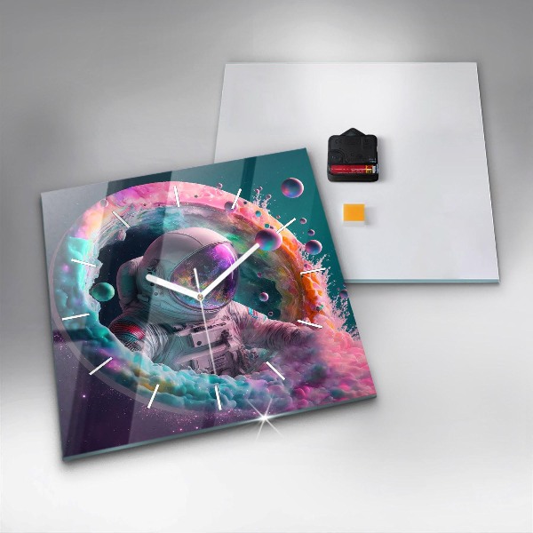 Square glass wall clock Cosmonaut and colorful clouds
