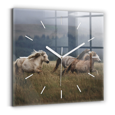 Square glass wall clock Horses at a gallop
