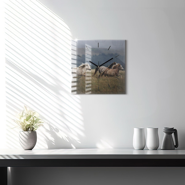 Square glass wall clock Horses at a gallop