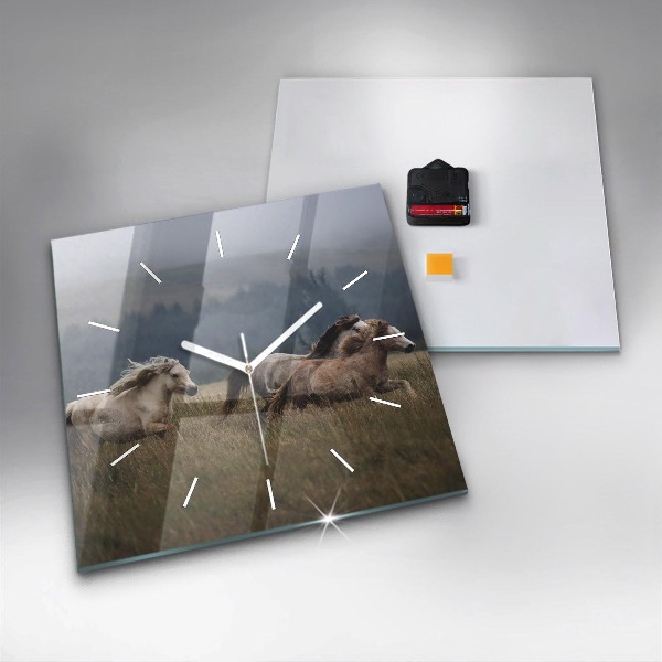 Square glass wall clock Horses at a gallop