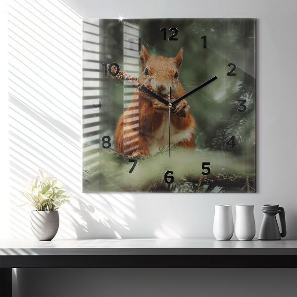 Square glass wall clock Squirrel and wild nature
