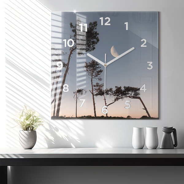 Square glass wall clock Crescent and trees