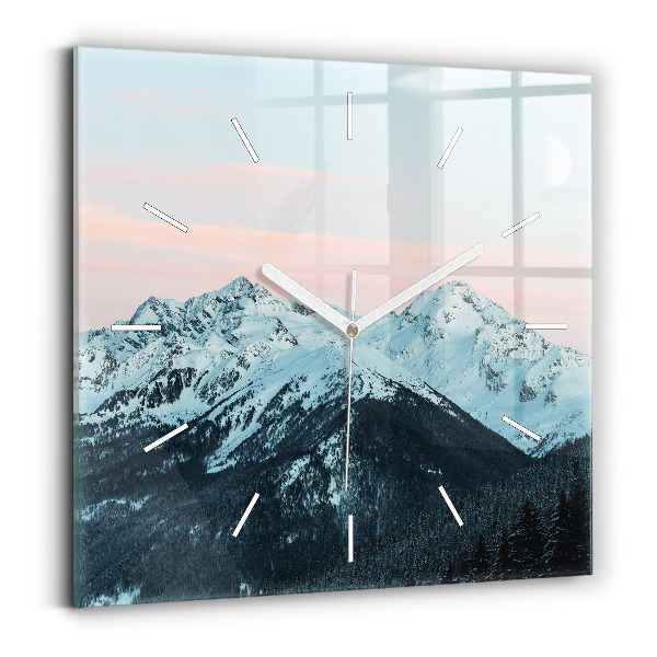 Square glass wall clock Mountain range in winter