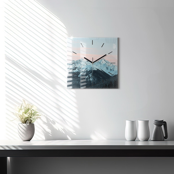 Square glass wall clock Mountain range in winter