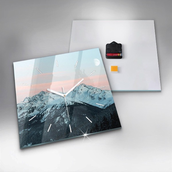 Square glass wall clock Mountain range in winter