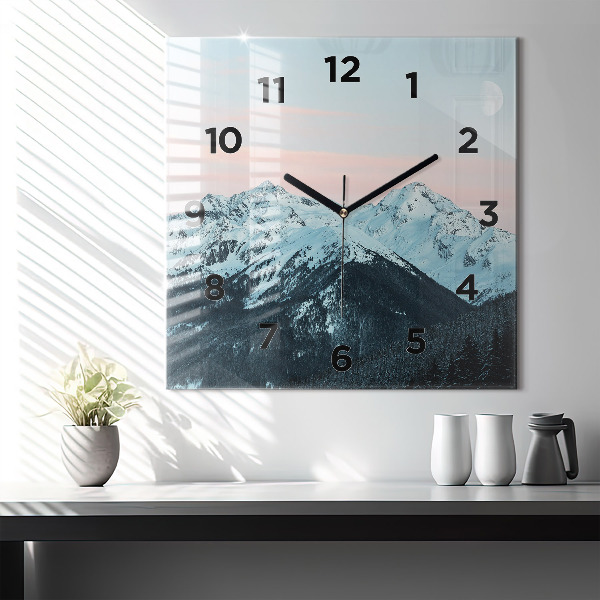 Square glass wall clock Mountain range in winter