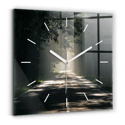 Square glass wall clock Forest road and streaks of sunlight
