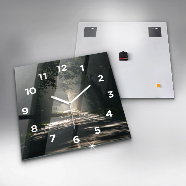 Square glass wall clock Forest road and streaks of sunlight