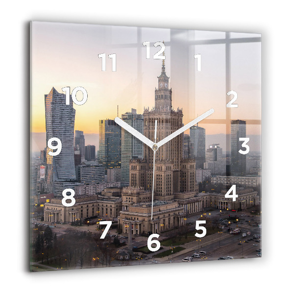 Square glass wall clock Panorama of Warsaw