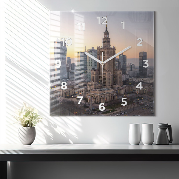 Square glass wall clock Panorama of Warsaw